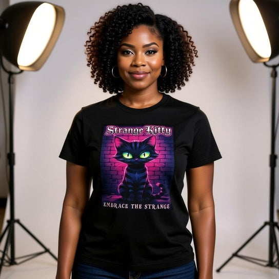 Strange kitty - Heavyweight Unisex Crewneck T-shirt | Gildan® 5000 Black